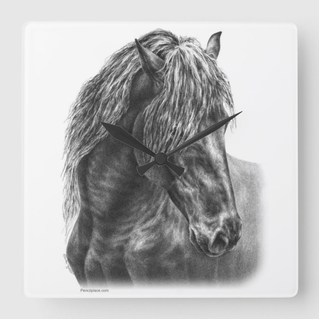Friesian Horse Portrait Wavy Mane Square Wall Clock (Front)