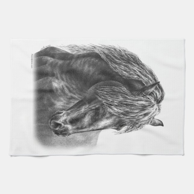 Friesian Horse Portrait Wavy Mane Tea Towel (Horizontal)