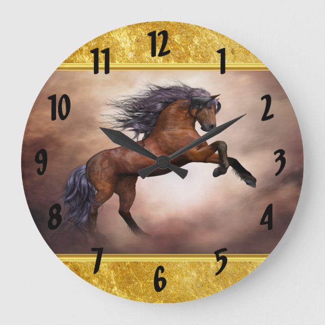 Friesian horse rearing up with misty clouds large clock (Front)