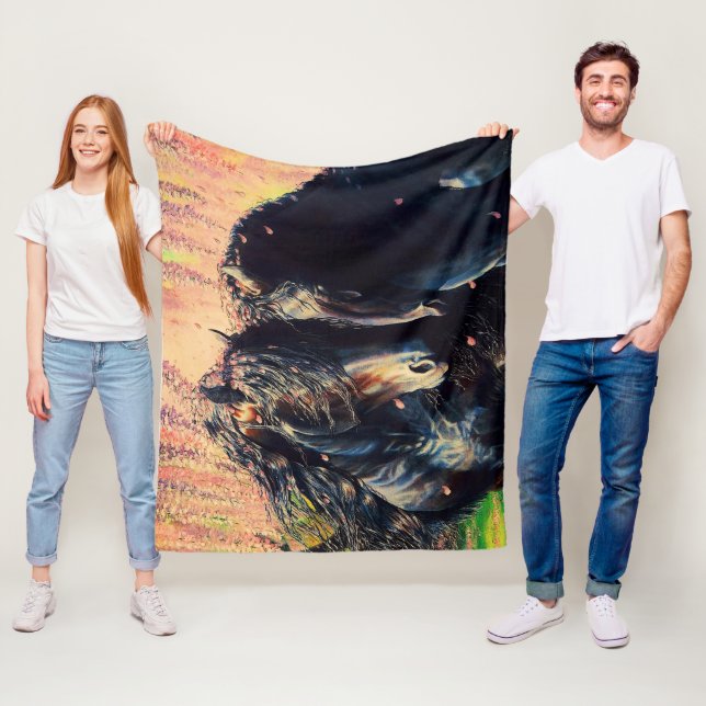 Friesian horses, black stallion/mare, Wisteria Fleece Blanket (In Situ)