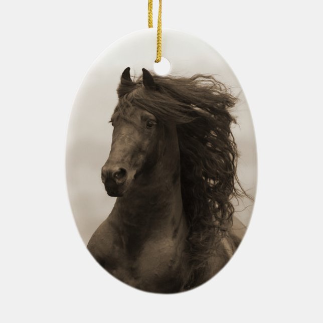 Friesian Runs Horse Holiday Ornament (Back)