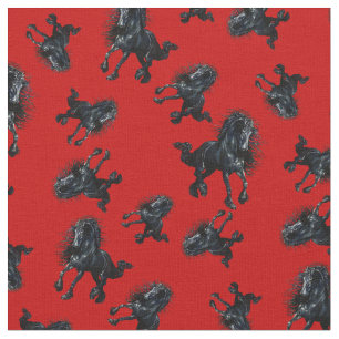Friesian stallion/black beauty horse, bright red fabric
