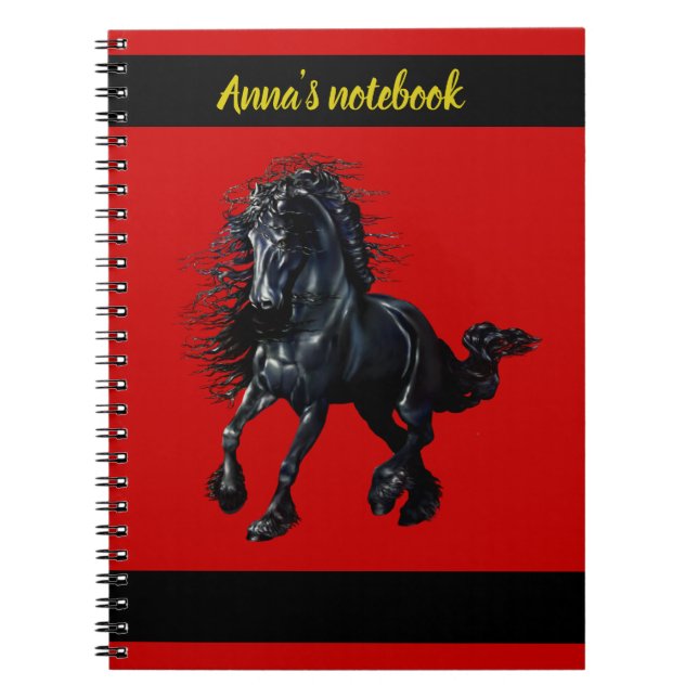 Friesian stallion, black beauty horse, red/name notebook (Front)