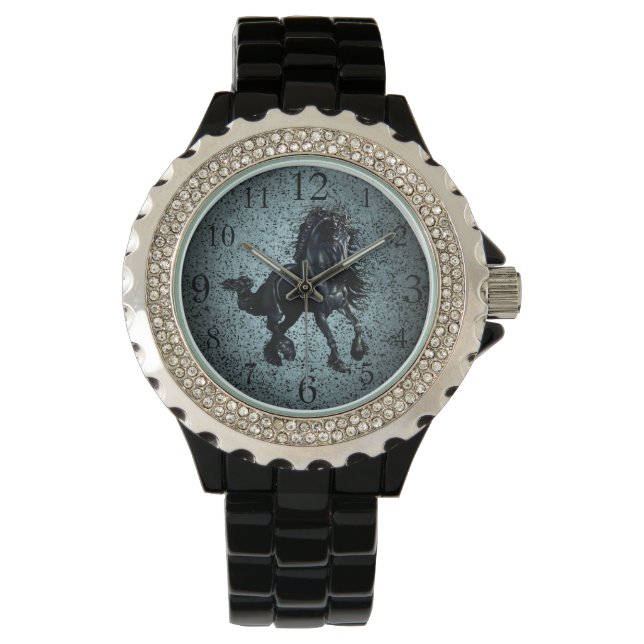 Friesian stallion black  horse silver glow watch (Front)