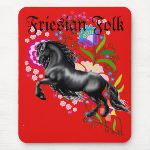 friesian stallion horse, folk flowers mouse pad
