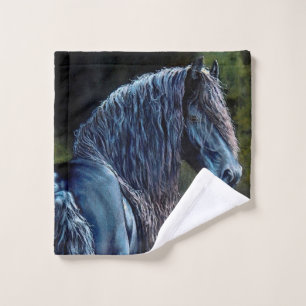 Friesian stallion horse in spotlight, painting   b bath towel set