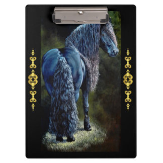 Friesian stallion horse in spotlight, painting     clipboard