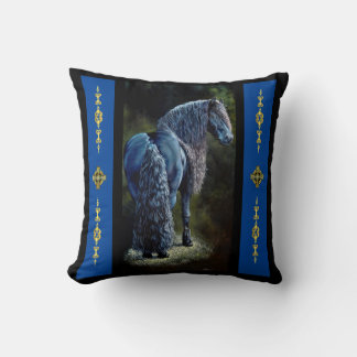 Friesian stallion horse in spotlight, painting cushion