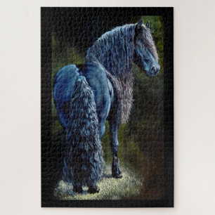 Friesian stallion horse in spotlight, painting j jigsaw puzzle