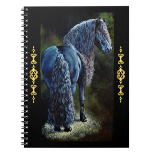 Friesian stallion horse in spotlight, painting notebook