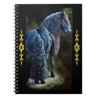 Friesian stallion horse in spotlight, painting    notebook
