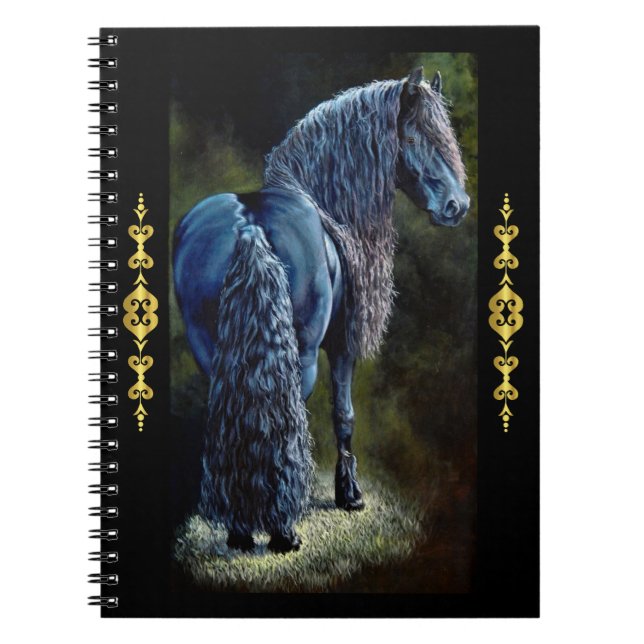 Friesian stallion horse in spotlight, painting    notebook (Front)