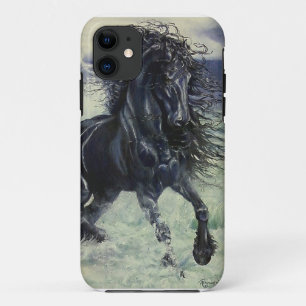 "Friesian Storm" black stallion in ocean iPhone 11 Case