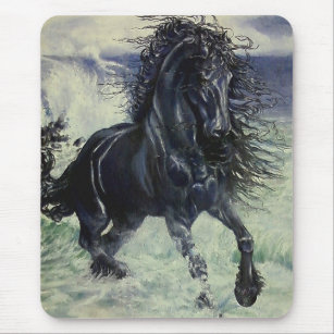 "Friesian Storm" black stallion in ocean Mouse Pad