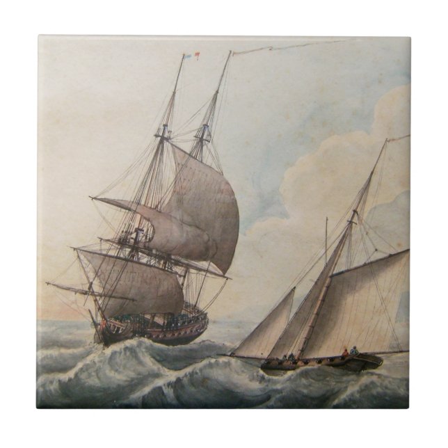 Frigate in a swell 17th century ceramic tile (Front)