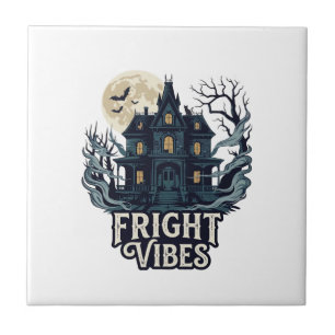 Fright Vibes Haloween Haunted House Full Moon Bats Ceramic Tile