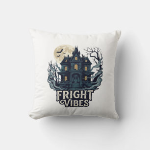 Fright Vibes Haloween Haunted House Full Moon Bats Cushion