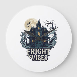 Fright Vibes Haloween Haunted House Full Moon Bats Large Clock