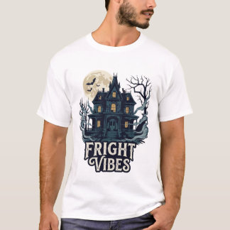 Fright Vibes Haloween Haunted House Full Moon Bats T-Shirt