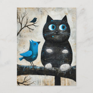 Frightened Black Cat and Blue Bird on Branch Postcard