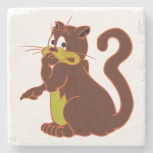 frightened dark BROWN NAUGHTY CAT Stone Coaster