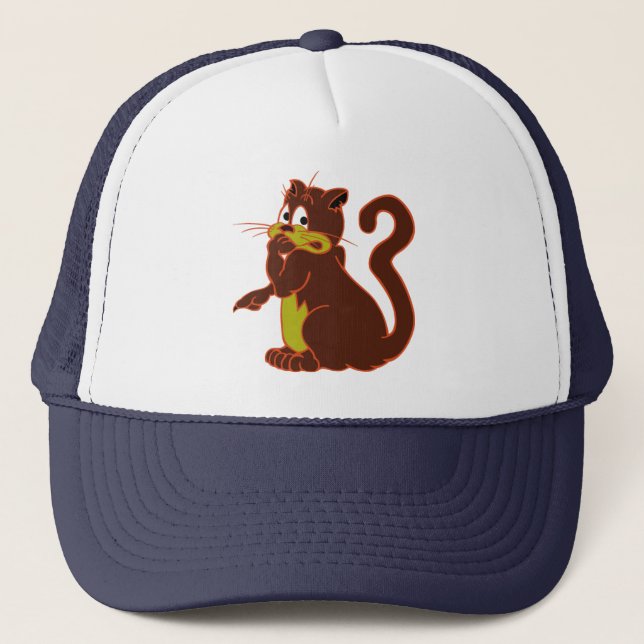 frightened dark BROWN NAUGHTY CAT Trucker Hat (Front)