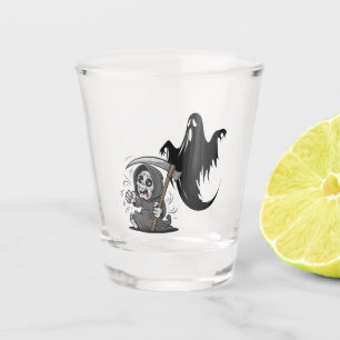 Frightened grim reaper and ghost. shot glass