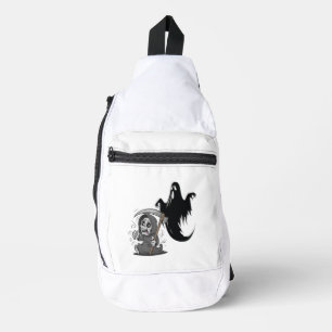 Frightened grim reaper and ghost. sling bag