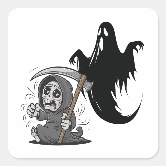 Frightened grim reaper and ghost. square sticker (Front)