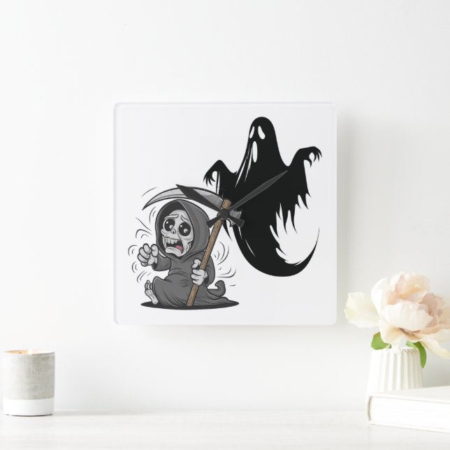 Frightened grim reaper and ghost. square wall clock (Home)