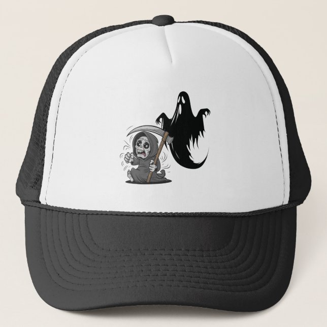 Frightened grim reaper and ghost. trucker hat (Front)