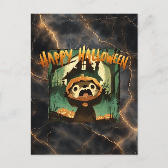 Frightened Otter in Halloween pumpkin costume Holiday Postcard (Front)