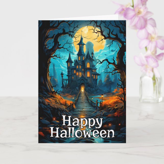 Frightful Old Haunted House | Happy Halloween Card (Orchid)