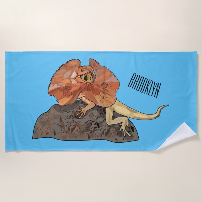 Frilled-neck lizard cartoon illustration beach towel (Front)