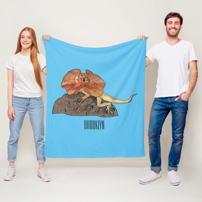 Frilled-neck lizard cartoon illustration fleece blanket (In Situ)