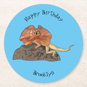 Frilled-neck lizard cartoon illustration round paper coaster