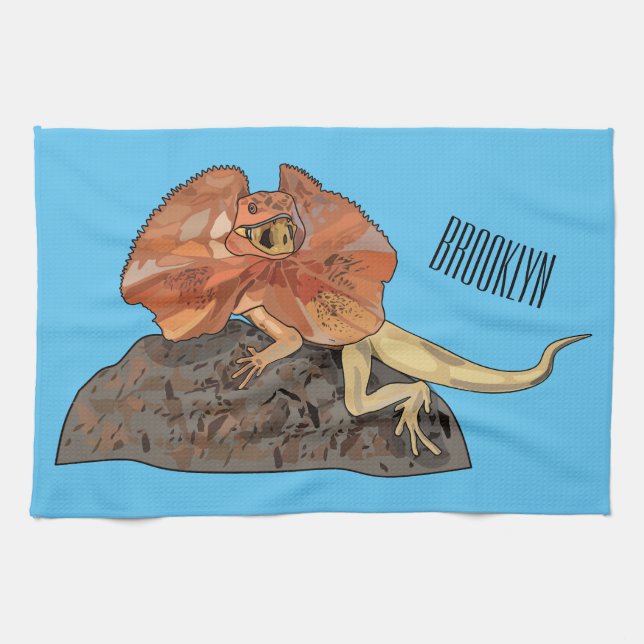 Frilled-neck lizard cartoon illustration tea towel (Horizontal)
