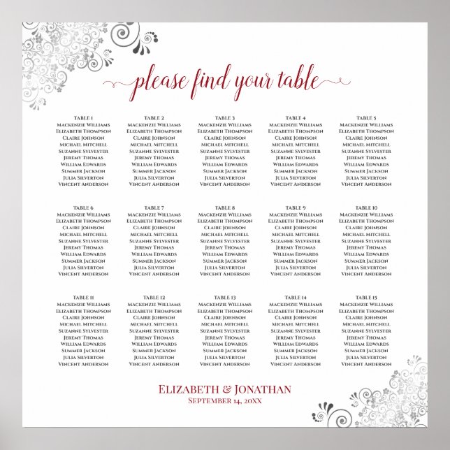 Frilly 15 Table Wedding Seating Chart White & Red (Front)