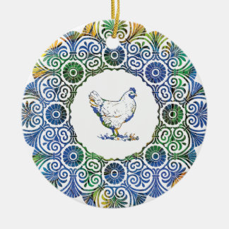 Frilly Chicken in Blue and Green Ceramic Ornament