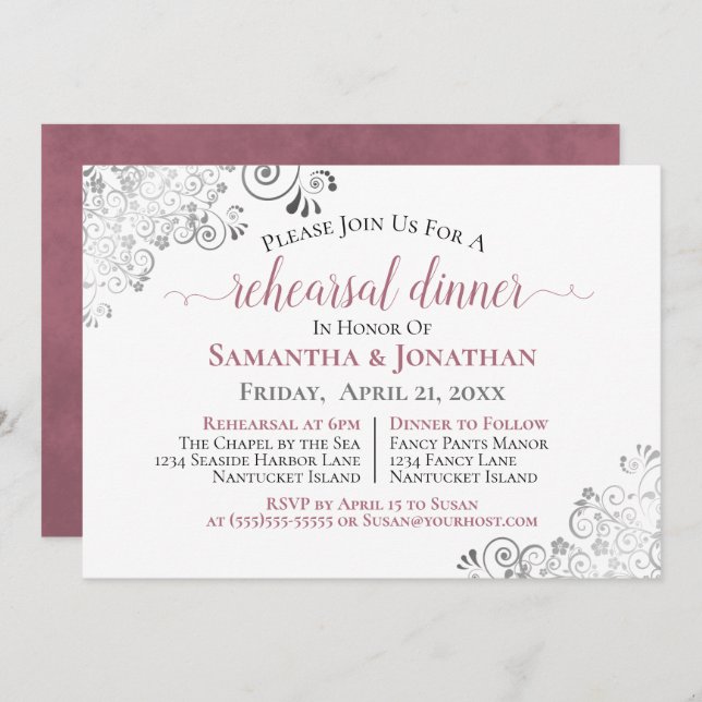 Frilly Elegant Dusty Rose Wedding Rehearsal Dinner Invitation (Front/Back)