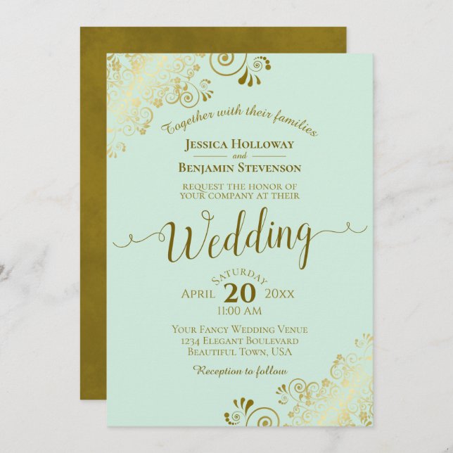 Frilly Elegant Neo Mint Green & Gold Wedding Invitation (Front/Back)