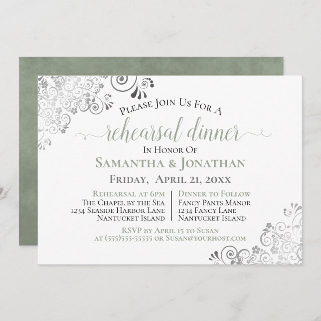Frilly Elegant Sage Green Wedding Rehearsal Dinner Invitation (Front/Back)