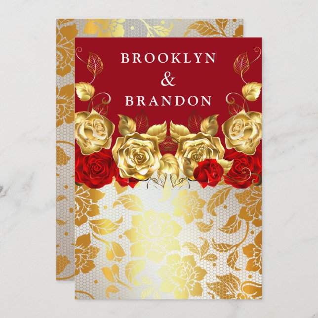 Frilly Gold Burgundy Maroon Simple Elegant Wedding Invitation (Front/Back)