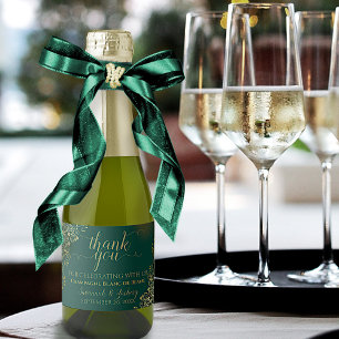 Frilly Gold & Emerald Green Wedding Thank You Mini Sparkling Wine Label