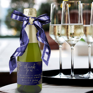 Frilly Gold on Navy Blue Wedding Thank You Mini Sparkling Wine Label