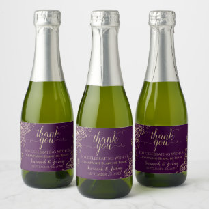 Frilly Gold on Plum Purple Wedding Thank You Mini Sparkling Wine Label