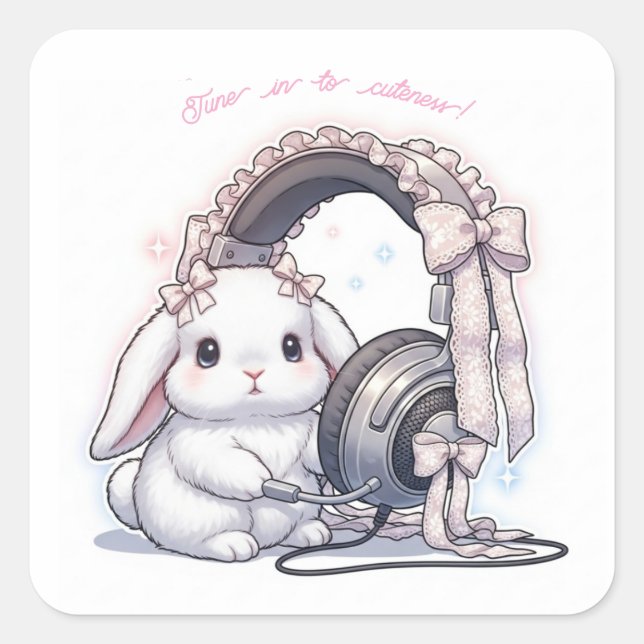 Frilly Headphone Bunny - Lovely Music Lover Kawaii Square Sticker (Front)