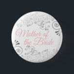 Frilly Pink & Grey Mother of the Bride Wedding 6 Cm Round Badge<br><div class="desc">Identify the key players at your bridal shower, wedding or rehearsal dinner with our elegant, Pink & Grey buttons. This button features Silver grey faux foil lace frills on a white background with pink text reading Mother of the Bride. Perfect as a favour or gift for members of the wedding...</div>