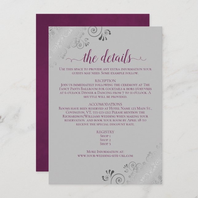Frilly Silver Lace Magenta & Grey Wedding Details Enclosure Card (Front/Back)