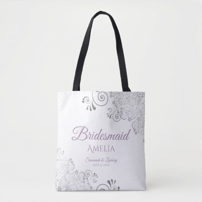 Frilly Silver & Lavender Bridesmaid White Wedding Tote Bag (Front)